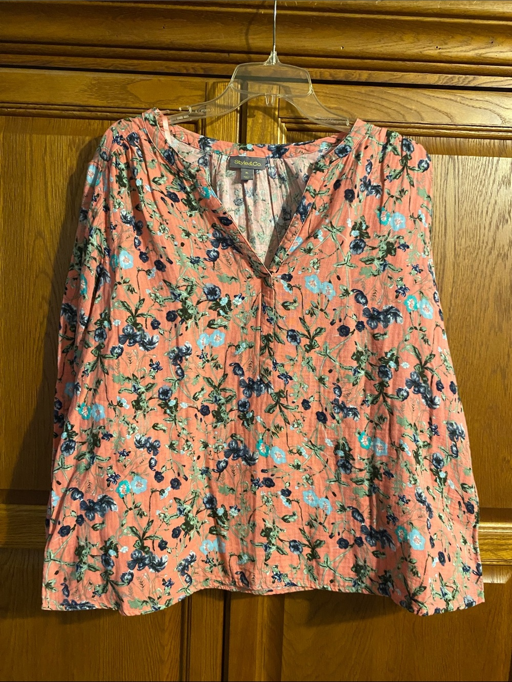 Style & Co. Coral Floral V-Neck Tunic with Blue Accents